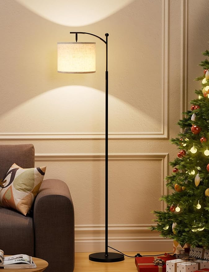 Ambimall Tall Floor Lamps with 3 Color Temperatures Bulb & Adjustable Linen Shade, for Living Room, Bedroom, Office, Classroom, Dorm Room (9W Bulb Included), Beige & Black, 60"