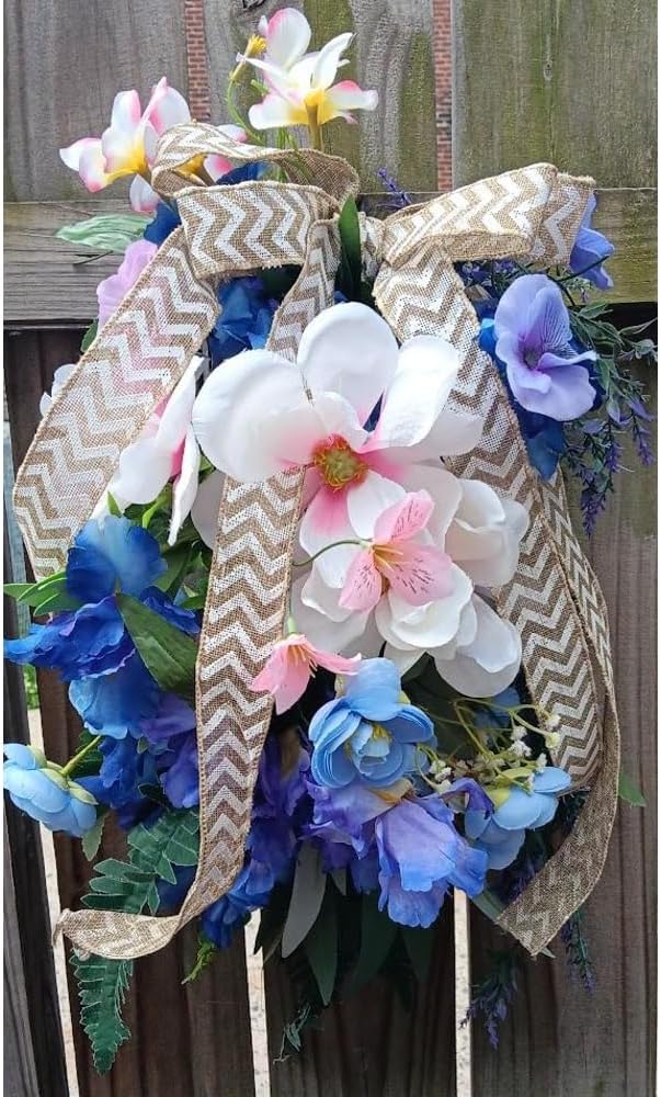28" Lighted Spring Teardrop Swag for Front Door, Artificial Floral Hanging Decor with Eucalyptus, Magnolia, Burlap Bow & White Berries, Farmhouse Style for Porch