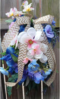 28" Lighted Spring Teardrop Swag for Front Door, Artificial Floral Hanging Decor with Eucalyptus, Magnolia, Burlap Bow & White Berries, Farmhouse Style for Porch