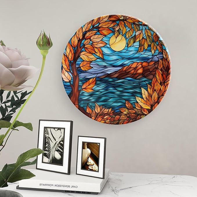 Decorative Plates, Stained Glass Design Fall Maple Tree Night Ceramic Dinner Plate Home Wobble-Plate with Display Stand, Autumn Wall Hanging Decor for Living Dining Room Kitchen Household 8 Inch