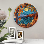Decorative Plates, Stained Glass Design Fall Maple Tree Night Ceramic Dinner Plate Home Wobble-Plate with Display Stand, Autumn Wall Hanging Decor for Living Dining Room Kitchen Household 8 Inch