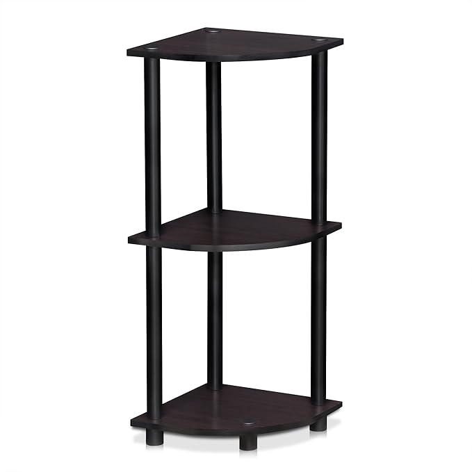 Furinno TURN-N-TUBE Corner Shelf, 3-Tier Corner Bookshelf, Display Storage Shelves with Open Shelves, for Organization and Storage, Living Room, Home Office, Garage, Dark Walnut