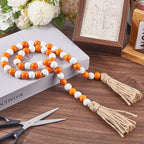 CREATCABIN 42 Inch Wood Bead Garland Decor Rustic Country Farmhouse Boho Home Orange White Wooden Beads Tassel Wall Hanging Ornaments for Coffee Table Wall Shelf Tray Vase Living Room Bedroom