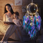KHOYIME LED Light Up Dream Catcher Half Circle Moon Decor with Lights Handmade Feather Dreamcatchers for Bedroom Bohemian Home Decor Wedding Ornament Craft Gift (Purple&Blue)