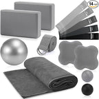 14 Pcs Yoga Kits for Home Workouts Pilates Equipment Set for Women Beginners, Hot Yoga Towel Blocks Strap, Knee Pad, Resistance Loop Exercise Band, Massage Lacrosse Ball, Pilates Ball