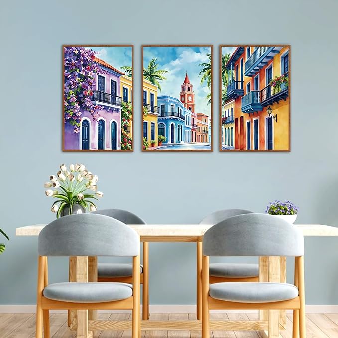 KAlRNE Vintage Cityscape Framed Canvas Wall Art Set of 3(16”X24”),Watercolor Street Scenery Wall Decor,Colorful Tropical Building Painting,Texture Botanical Art Prints For Living Room Bedroom Office