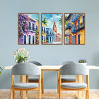 KAlRNE Vintage Cityscape Framed Canvas Wall Art Set of 3(16”X24”),Watercolor Street Scenery Wall Decor,Colorful Tropical Building Painting,Texture Botanical Art Prints For Living Room Bedroom Office