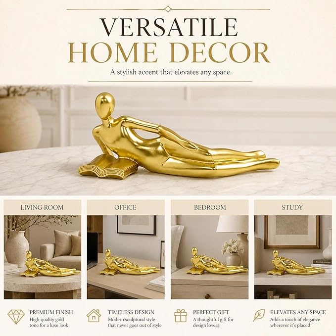 Gold Reading Statue Style D, Abstract Reader Figurine, Resin Book Decor for Bookshelf, Coffee Table, Desk Shelf Decor, Gift for Book Lovers