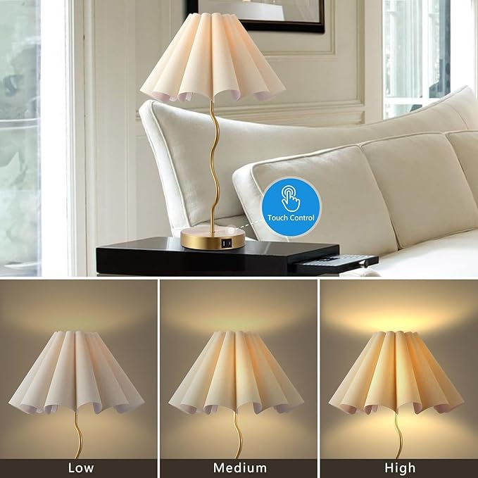 EOEYYOYB Pleated Table Lamp, Table Lamp for Bedroom, Bedside Lamps for Nightstand with Linen Lampshade, Modern Lamp for Bedroom Home Office Decor