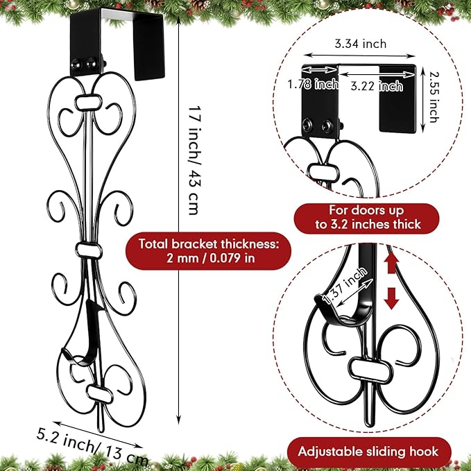 Kathfly 2 Pack 17 Inch Wreath Door Hanger Front Door Metal Bow Hanging Hook Adjustable Hook Length for Garden Spring Wreath Porch Decor Christmas Valentine's Day Decorations(Black)