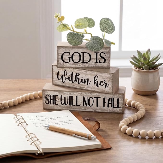 Lineshading 4 Pcs Christian Table Decor Inspirational Religious Gifts for Women God Is Within Her Bible Verse Wooden Block Signs Gift Farmhouse Christian Centerpiece for Mother's Day Home & Office