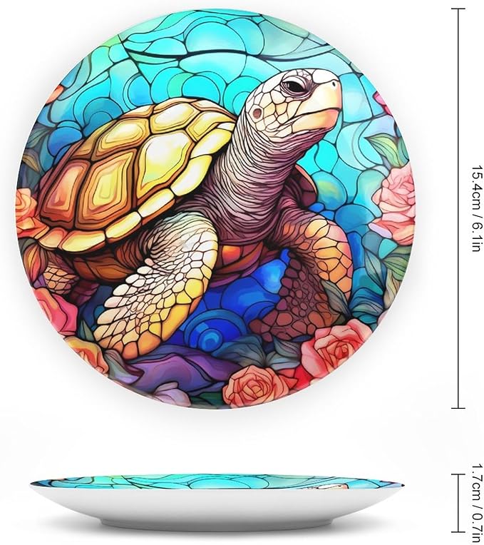Decorative Plates for Home Decor, Sea Turtle Stained Glass Print Decor Tray for Table Display, Ceramic Dinner Plate W/Stand, Living Room Dining Room Decor, Gifts for Turtle Lovers, 6 Inch