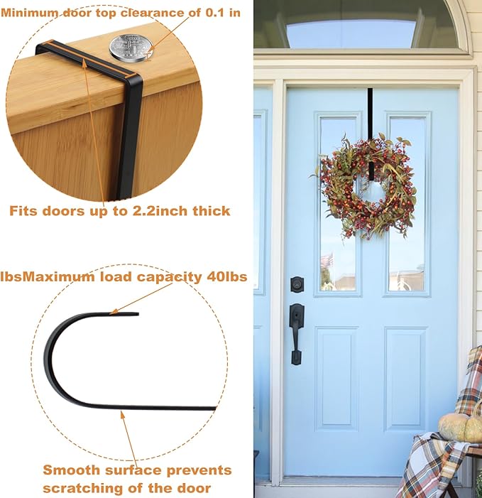 PECULA 4 Pack 14” Wreath Hangers for Front Door, Wreath Door Hanger 40lb Load-Bearing, Metal Wreath Hanger for Welcome Sign, Door Wreath Hanger for Halloween, Easter, Christmas Decorations (Black)