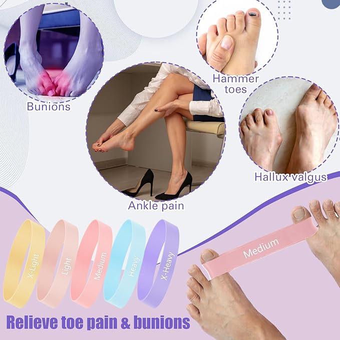 Set of 5 Toe Stretcher Band Separator Spacer Bunion Correction Hallux Valgus Alignment Foot Stretcher Straightener Resistance Loop Yoga Exercise Foot Care with Carry Bag(Pastel)