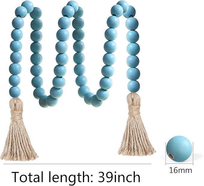 Meplait 39in Wood Bead Garland Farmhouse with Tassels,Versatile Prayer Beads Boho Chic Wall Hanging Home Decor (Blue)