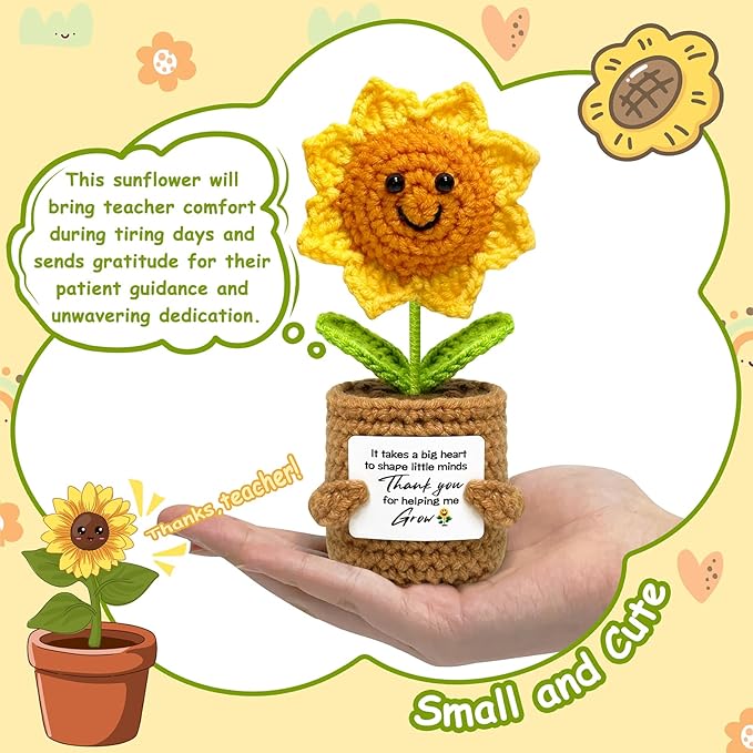 Teacher Gift from Student Teacher Appreciation Gifts for Women Crochet Sunflower Handmade Doll with Positive Card - Thank You for Helping Me Grow Mothers Day Birthday Gift Collectible Doll