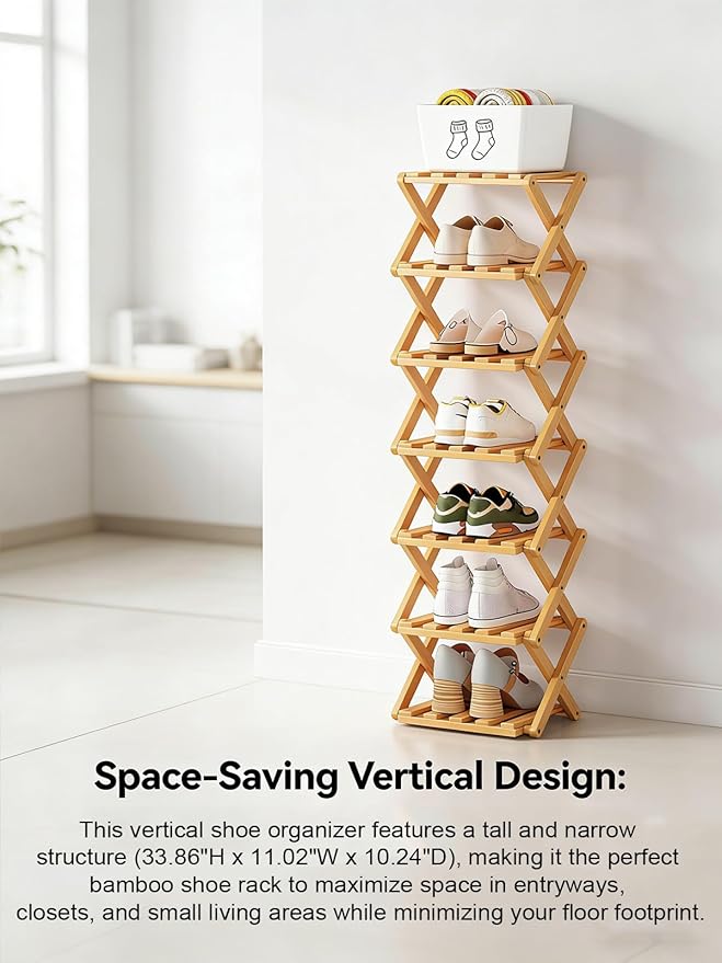 The 9-Tier No-Assembly Bamboo Rack, New Upgrade 9 Tier Bamboo Shoe Rack, Space-Saving Tall Narrow Accordion Shoe Rack for Entryway Closet Dorm (Brown-9)