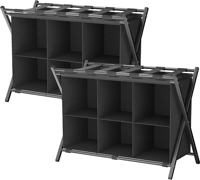 Luggage Rack for Guest Room, Set of 2, Folding Suitcase Stand with 6-Cube Fabric Storage Shelf, Luggage Holder, Steel Foldable Luggage Stand for Guest Room, Bedroom, Hotel, Black