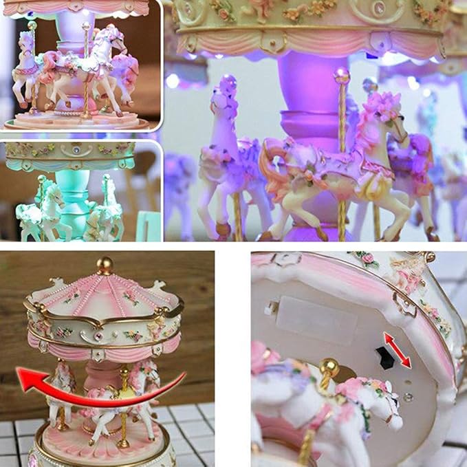 Carousel Music Box with 3 Rotating Horses, Color-Changing LED Lights, Wind-Up Clockwork 18-Note Melody, Small Resin Tabletop Decor, 5.9" Tall x 3.93" Dia (Pink)