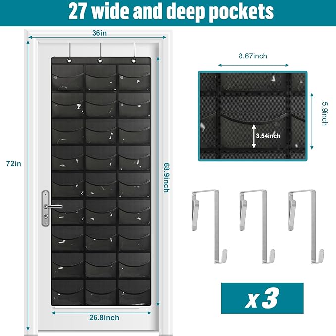 Fixwal Hat Organizer for Baseball Caps, 27 Pocket Over The Door Hat Rack for Storage Closet Wall, Cap Holder Hanger with Large Clear Pockets & 3 Hooks, Hat Storage to Protect and Display, Black