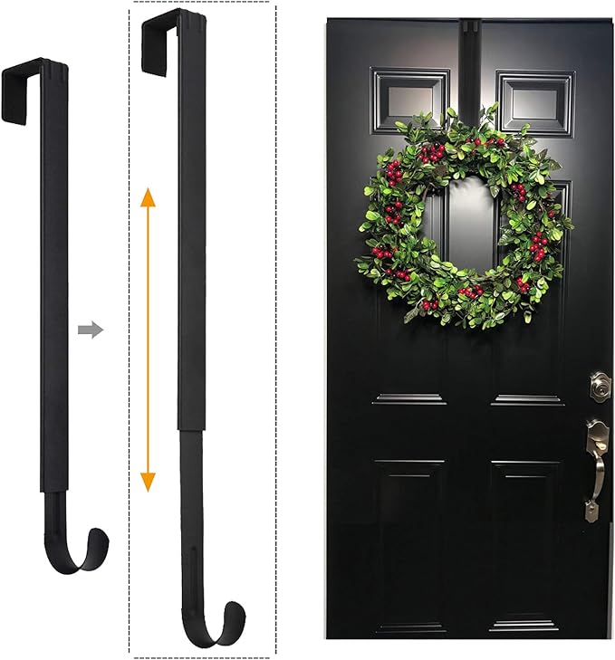 Wreath Hanger, Adjustable Over The Door Wreath Hanger from 14.9 to 25 Inches & Wreath Holder & Wreath Door Hanger for Front Door Decor 20 lbs Larger Christmas Decorations Hook (Black)
