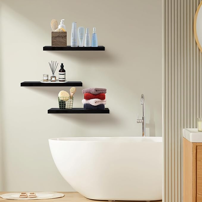 Upassion Floating Shelves for Wall Set of 3, 24" Black Wall Shelves for Home Decor, Frame Display Black Floating Shelf for Living Room, Bedroom, Bathroom, Kitchen
