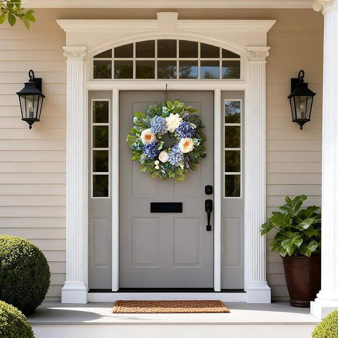 24 Inch Spring Wreaths for Front Door, Spring Summer Door Wreath with Blue Hydrangea White Peony Flower Wreath for All Season Outside Indoor Outdoor Home Porch Wall Decor