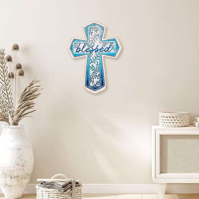 OKSQW 11" Wall Cross Handmade White Wood & Blue Iron Christians Spiritual Religious Cross with Hook Christmas Wall Hanging Cross with Blessed Design Crucifix Gift for Church Home Room Decor