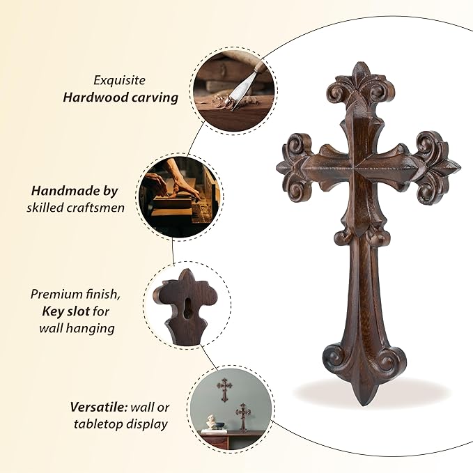 DAICAT - Hand-carved Cross, Wood Cross for Wall 9.8 Inch, Cross Wall Decor for Home, Rustic Crucifix Gift for Mom and Dad, Hand made Mother's Day Gifts for Mom, Wife, Sister, Grandma (No 2)