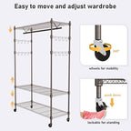 Heavy Duty Clothes Rack, Adjustable Rolling Garment Rack with Shelves, Freestanding Wardrobe Rack 1 Clothes Hanging Bar, 3 tired Wire Shelving, 4 Hanger Hooks - Hold Up to 400Lbs (Gray, 1Rod 4Hook)