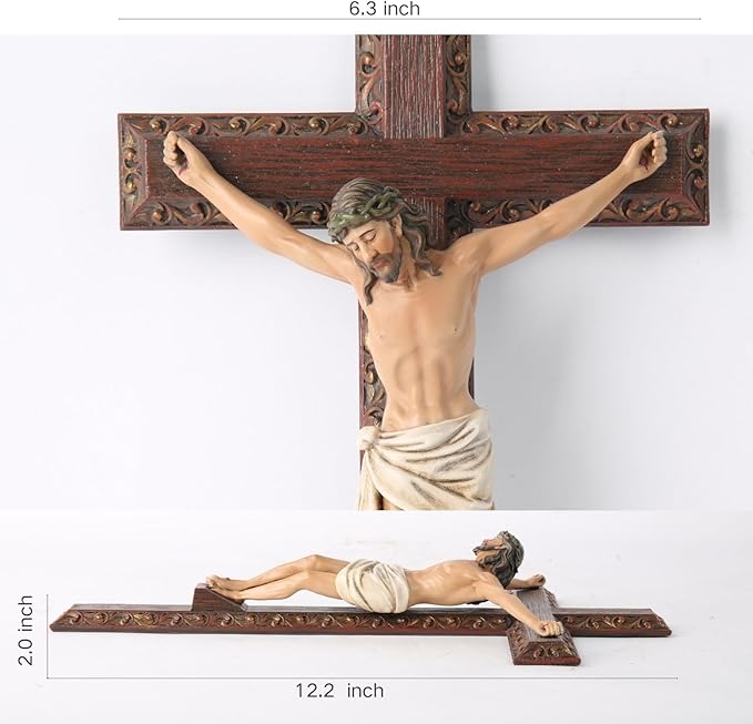 BC Catholic Crucifix Wall Cross, 12" H Jesus Christ Cross Home Decor, Religious Devout Gift, Wood Carve Looking, Hand Painted by Buildclassic