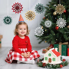 SUNBEAUTY 9PCS Christmas Hanging Decorations, Boho Christmas Decor Hanging Paper Snowflakes Mini Christmas Tree Ornaments for Xmas Tree Window Ceiling Door(Red White Green Brown)
