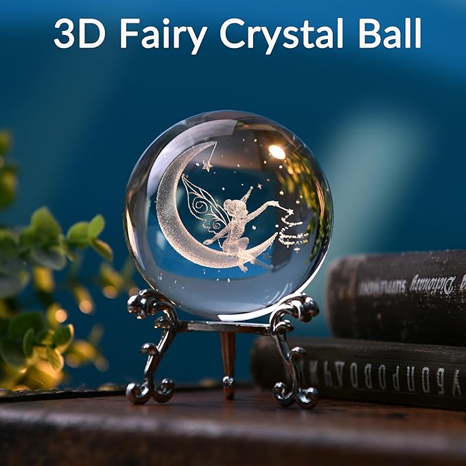 IFOLAINA 3D Fairy Crystal Ball with Stand 60mm Laser Engraved Moon Fairy Glass Ball Decorative Globes Crystal Fairy Sphere Gifts for Girl Her Fairy Lover Birthday Gifts for Daughters
