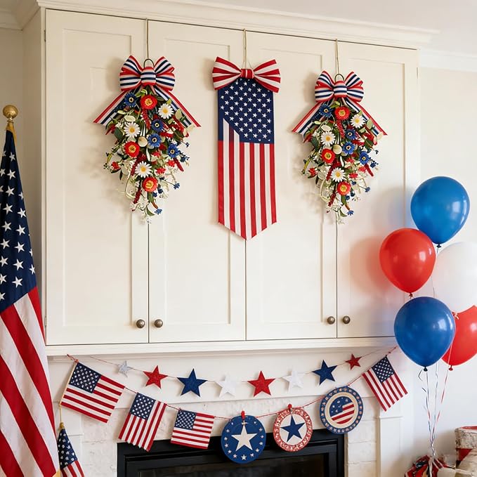 TEMPUS Patriotic Floral Swag Wreath 2-Pack, 22" Red White Blue Artificial Daisy Teardrop Swags with Striped Bow, Handcrafted Patriotic Door Decor for 4th of July Independence Day, Memorial Day