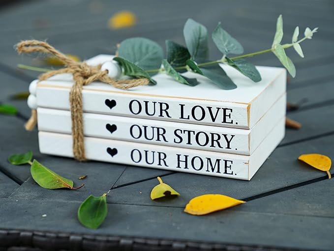 3 Pieces Wooden Decorative White Books, Rustic Farmhouse Faux Books for Coffee Table Shelves with Wood Bead Tassels and Leaves, 7'x 4.6'x 2.5' (Our Love, Our Story, Our Home)