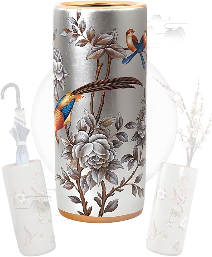 Decorative Ceramic Umbrella Stand - Porcelain Umbrella Holder Chinese Flower and Bird Print Vintage Floor Standing Vase Multi-Functional Cane Storage