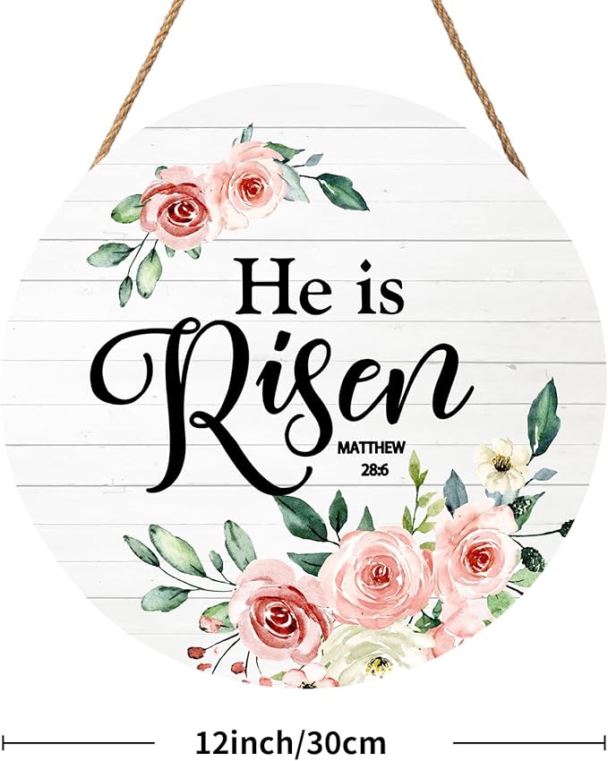 Harooni Easter Sign He is Risen Wooden Hanging Plates 12"x12" Religious Door Hanger Sign