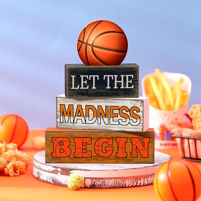 Yuntau 4 Pcs Basketball Table Decorations 2026 Sport Tiered Tray Decor Ball Wooden Sign Blocks Basketball Room Decor Farmhouse Centerpieces for Home Shelf Locker Bedroom Senior Night Party Gifts
