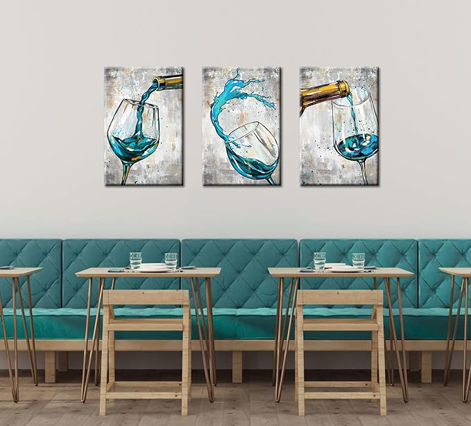 Conipit Teal Grey Wall Art Canvas For Kitchen Dining Room Wine Glass Pictures Artwork Still Life Paintings 16"x24"x3pcs Framed for Restaurant Ready to Hang