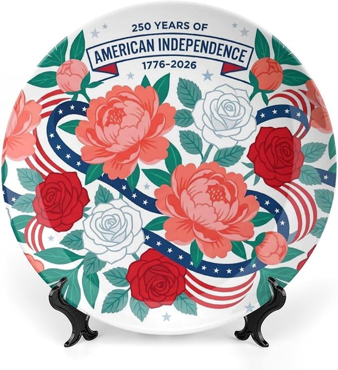 250th Anniversary Decorative Plates 10 Inch Modern Floral Patriotic Decorations Commemorative Plates with Stand Memorial Day 4th of July Veterans Day Home & Office