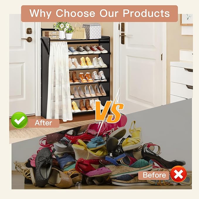 Easy Install Wooden Shoe Rack with Privacy Curtain - 6-Tier Foldable Shoe Storage Organizer, Unfold & Tighten to Use, Sturdy Wood Shoe Shelf for Closet Entryway Hallway Small Space