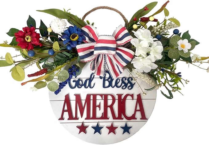 Idyllic God Bless America Sign 4th of July Wreath Patriotic Wreath for Front Door, 16" Red White and Blue Flower Wooden Sign for Memorial Day Independence Day Decoration