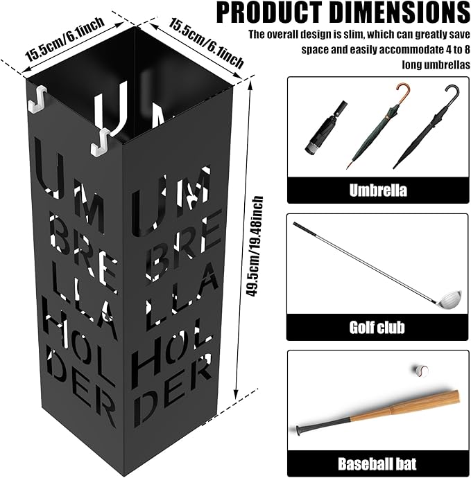 Square Metal Umbrella Holder, Square Free Standing Umbrella Rack Decorative Umbrella Holder Hollow Cutout Pattern Design for Umbrella Cane Entryway Home Office 19.49" X 6.1" X 6.1"(Black hollowed out)