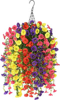 Homsunny Artificial Fake Hanging Flowers Plants Baskets for Outdoor Spring Decoration, Faux Morning Glory Silk Flower for Outside Realise UV Resistant Patio Yard Porch Balcony Home Decor (Mixed 1)