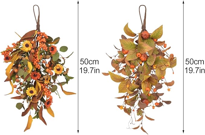 20 Inch Fall Harvest Swag, Artificial Fall Maple Swag Autumn Thanksgiving Day Halloween Decorative Teardrop, Halloween Wall Door Decor Sunflower Berry Fake Wreath (#2)