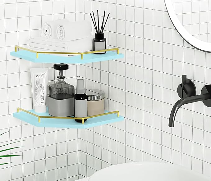 Tirzah Blue Wall Mount Corner Shelf with Gold Metal Guardrail, 2-Tier 9.5-inch Diamond-Shaped Wood Corner Floating Shelves for Home Decor Kitchen Organizer