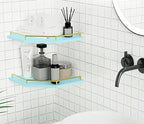 Tirzah Blue Wall Mount Corner Shelf with Gold Metal Guardrail, 2-Tier 9.5-inch Diamond-Shaped Wood Corner Floating Shelves for Home Decor Kitchen Organizer