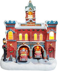 MOMENTS IN TIME Vintage Fire Department Christmas Village 12.2” LED Lights, Music & Moving Fire Trucks, Polyresin Lighted Holiday Building, Adapter Operated Holiday Decoration