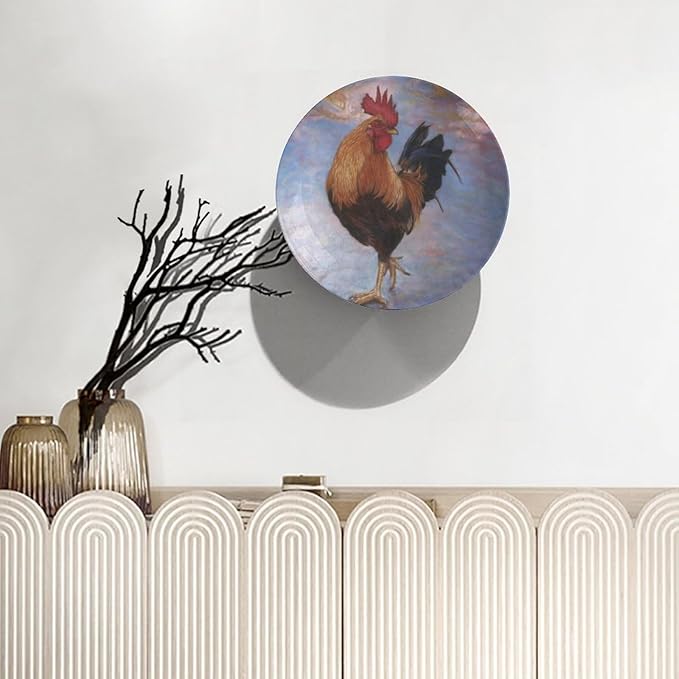 Rooster Decorative Plates, 6 Inch, Watercolor Painting Rooster Round Display Plate, Hanging Decorative Plate with Display Stand, for Home Kitchen Bedroom Decorative Ornaments