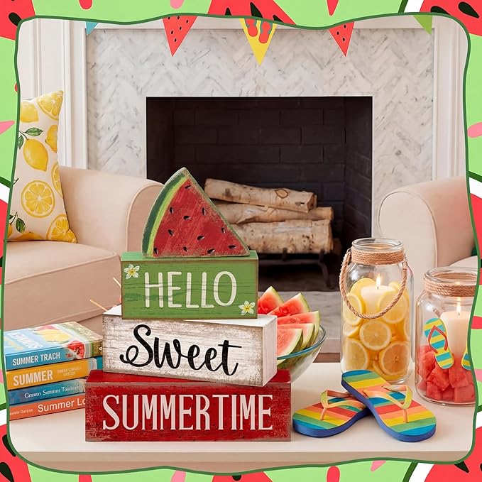 Moucuny 4 Pcs Summer Wooden Table Decor Watermelon Tiered Tray Decor Farmhouse Table Decoration Hello Sweet Watermelon Book Block Summer Decoration for Home Office Kitchen Mantel Shelf